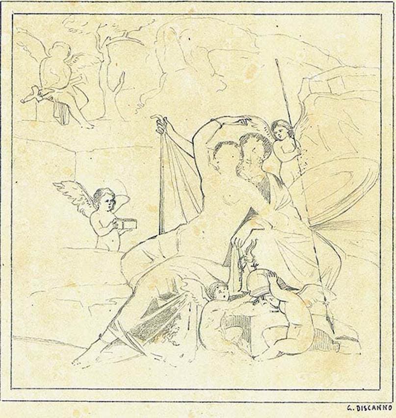 House of the Arches Pompeii drawing of wall painting by Geremia Discanno from east wall of room i depicting Ares and Aphrodite or Mars and Venus, surrounded by cupids