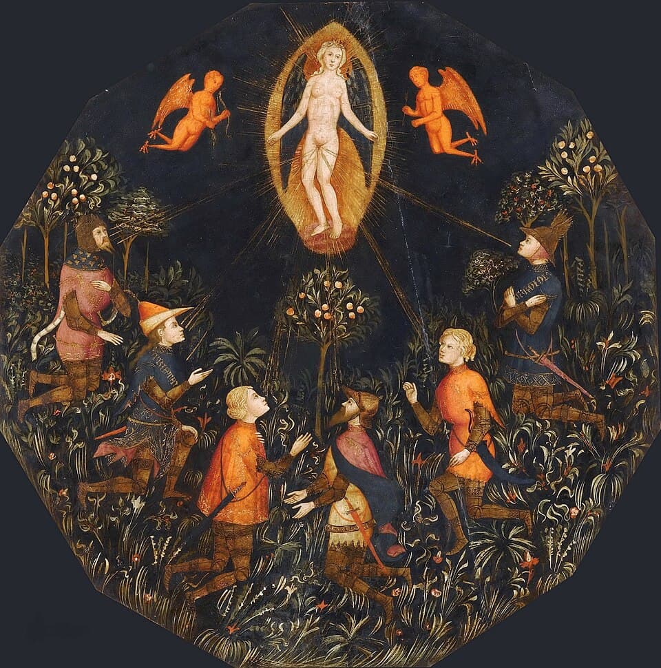 The triumph of Venus, worshipped by six legendary lovers (Achilles, Tristan, Lancelot, Samson, Paris and Troilus)label QS:Len,"The triumph of Venus, worshipped by six legendary lovers (Achilles, Tris