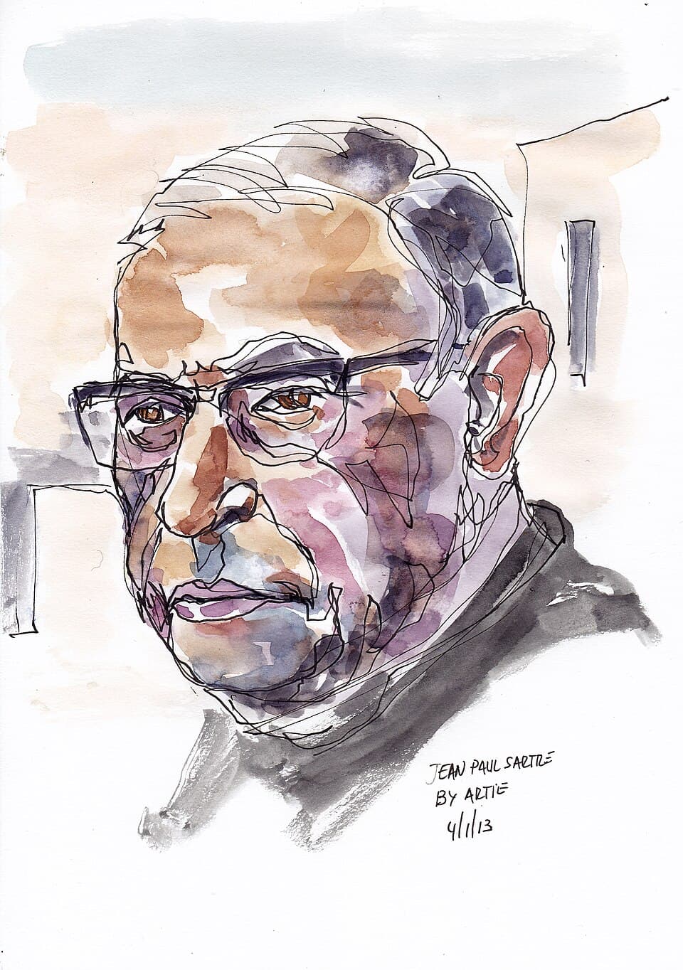 Jean-Paul Sartre - Pen continuos line and watercolor on canson