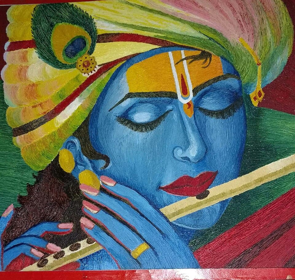 WeGo Art Gallery Hyper realistic Krishna Needle Texture Painting in Acrylic Colour