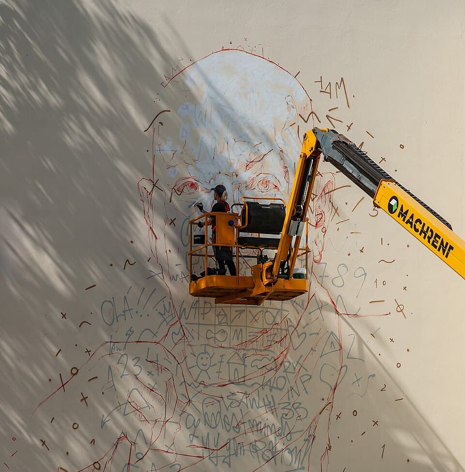 Artist painting the mural of Paulo de Carvalho, Roma Avenue, Lisbon, Portugal julesvernex2