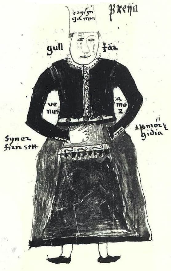 N illustration of the Norse goddess Freyja, from an Icelandic 17th century manuscript