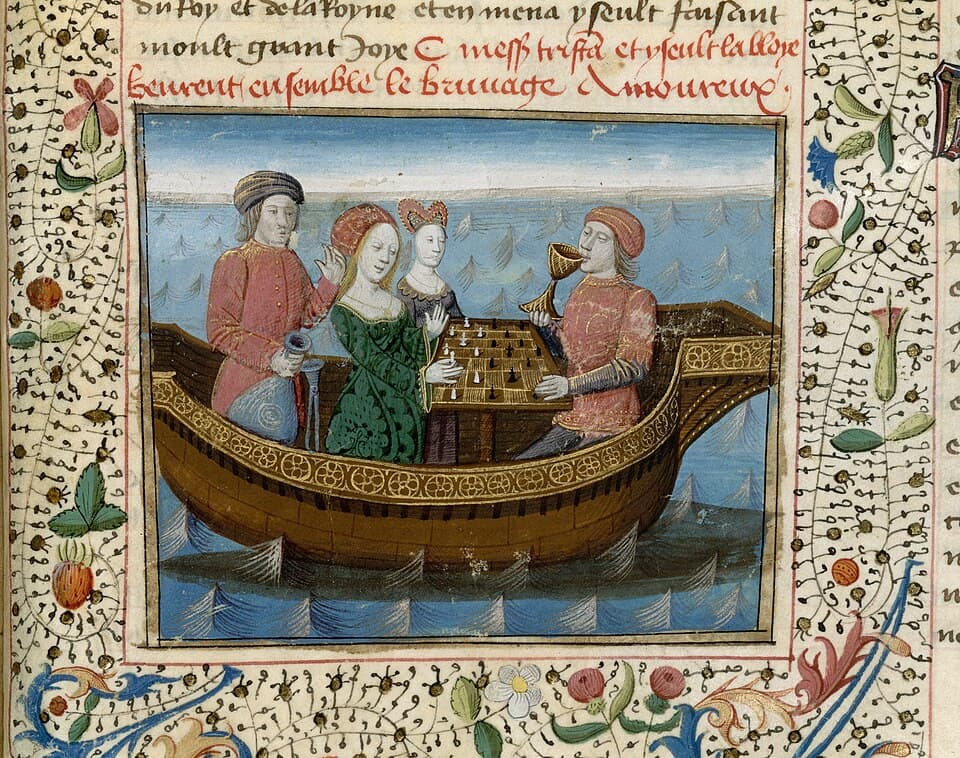 Tristan and Isolde drinking the potion from 'Lancelot du Lac', compilation of Michel Gonnot, 1470