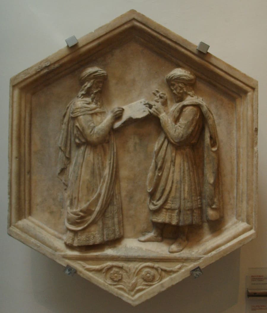 Formella 23, euclide e pitagora o la geometria e l'aritmetica, luca della robbia, 1437-1439