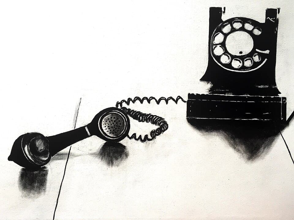 "hello" - A black and white overexposed photo portrait of a late 1930's rotary phone. Gesso & Acrylic on Canvas - painting by Roland Barrera
