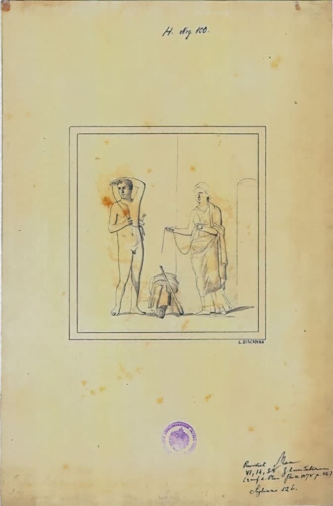 House of C Poppaeus Firmus VI 14,38 Pompeii 1879 drawing of painting of Theseus receiving the ball of string from Ariadne by G Discanno
