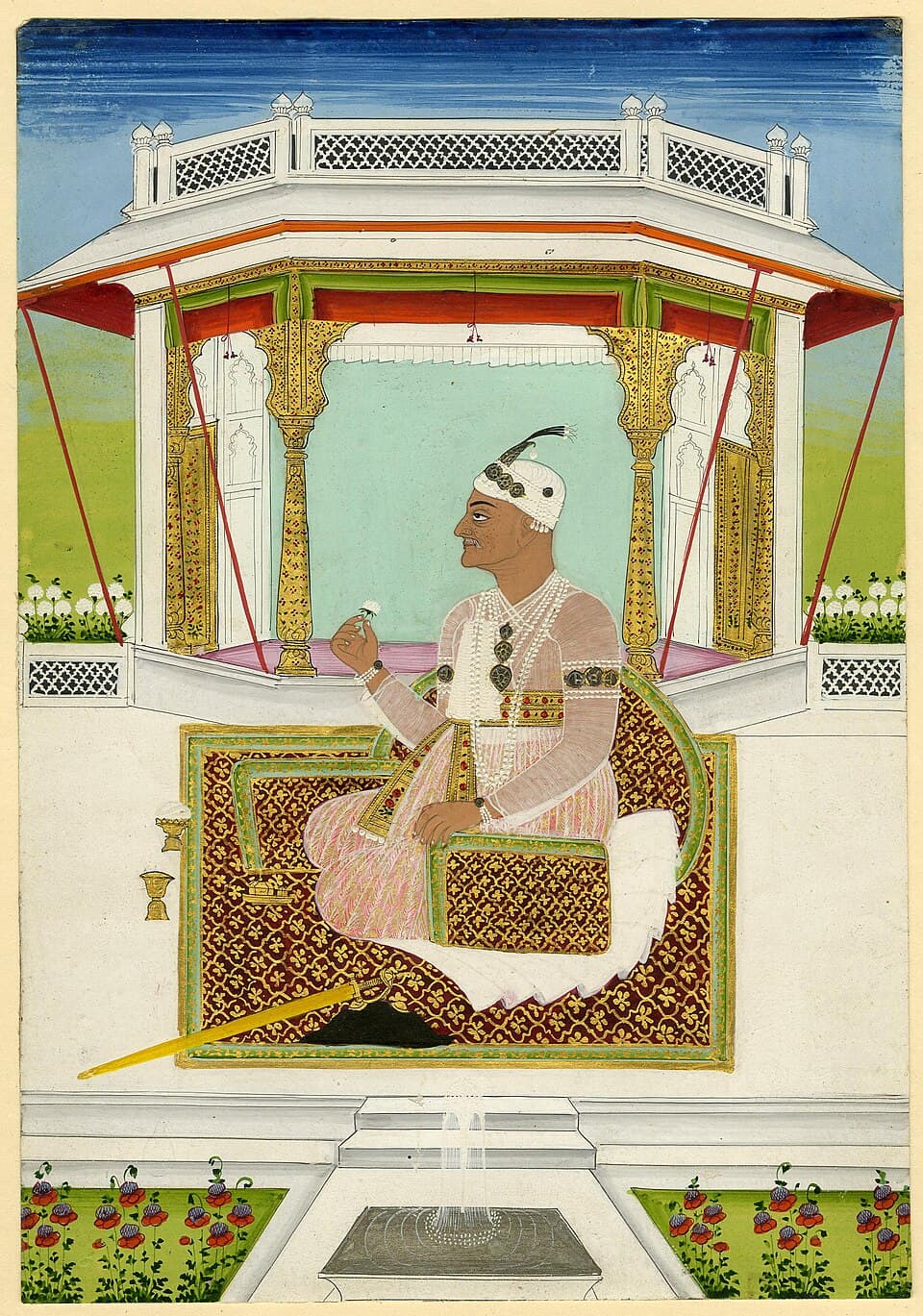 Portrait of Nizam ul-Mulk (Asaf Jah II, Nizam Ali Khan) sitting in an open pavilion on a carpet (British Library)