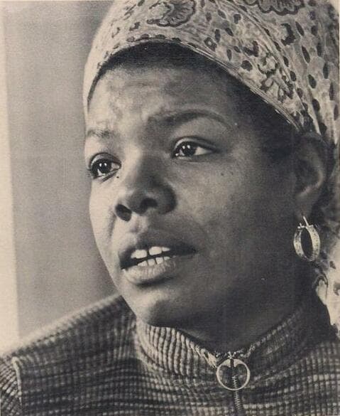 Portrait photograph of Maya Angelou by Kenneth P. Green from the 1974 first-edition dust jacket of Gather Together in My Name