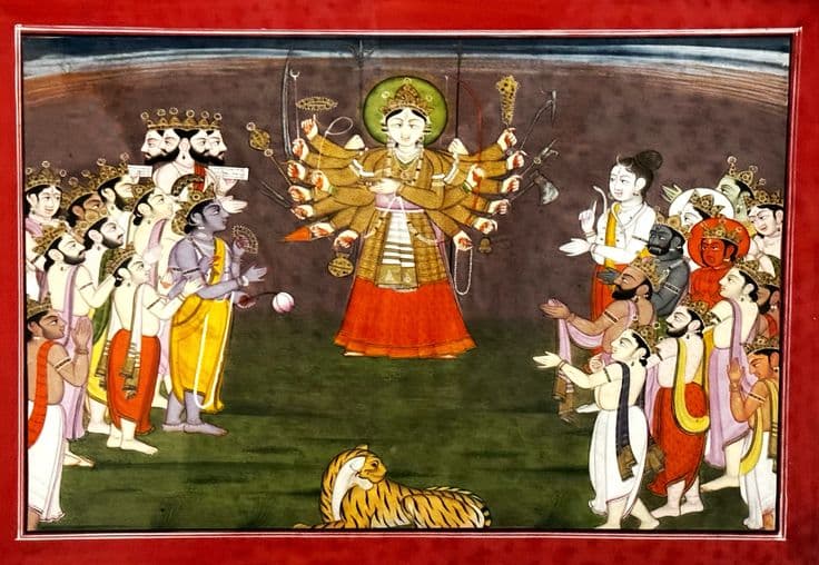 Goddess Durga receiving weapons from Gods to help slay the butfalo-demon Mahishasura, attributed to the family of Purkhu from the Kangra School of Art, circa 19th century CE, Government Museum and Art