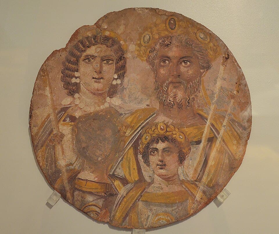 Tondo showing the Severan dynasty Septimius Severus with Julia Domna, Caracalla and Geta, whose face has been erased, probably because of the damnatio memoriae put against him by Caracalla, from Djemi