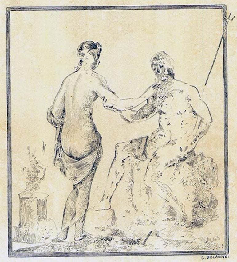 House of the Arches Pompeii drawing of Wall painting by Geremia Discanno from north wall of room (L), showing Poseidon and Amymone