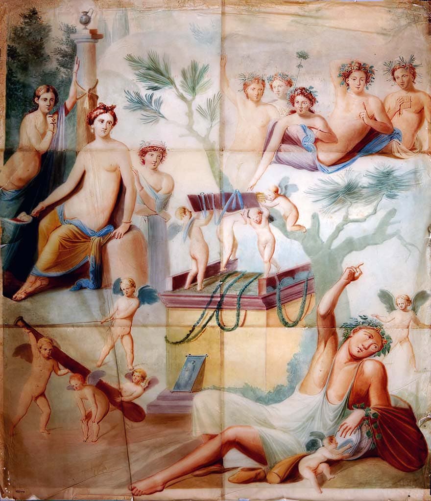 House of Siricus Exedra 10 north wall painting by Antonio Ala showing Hercules and Omphale