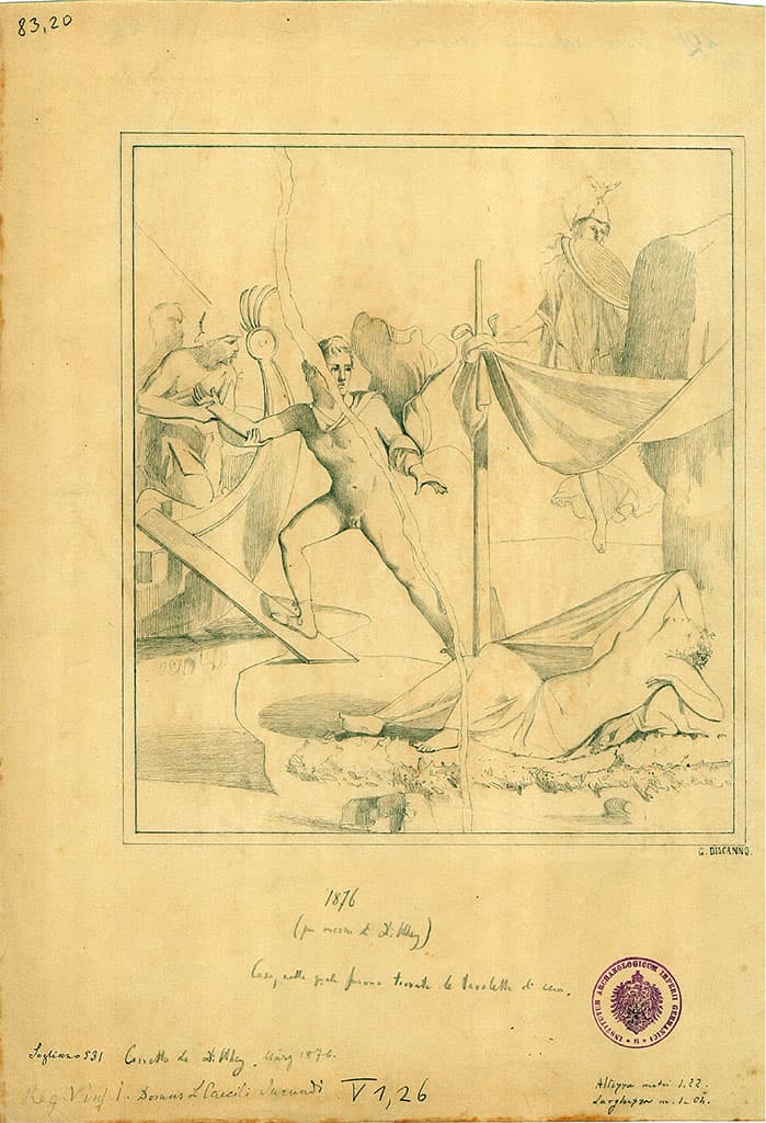 House of L Caecilius Jucundus 1876 Drawing by G Discanno of wall painting of Theseus abandoning Ariadne Presuhn Room l