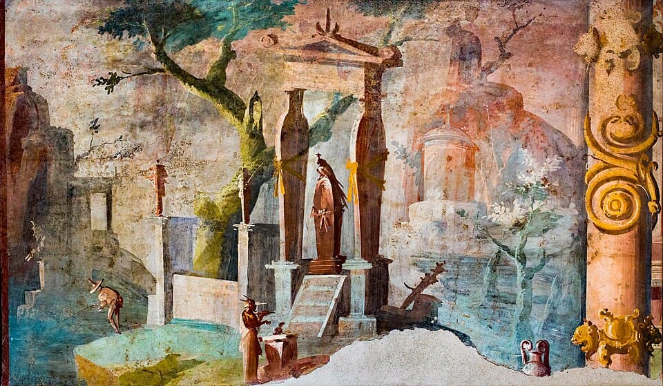 Wall painting - idyllic landscape with sarcophagus of Osiris - Pompeii (VIII 7 28 - sanctuary of Isis - ekklesiasterion) - Napoli MAN 8570 - 01