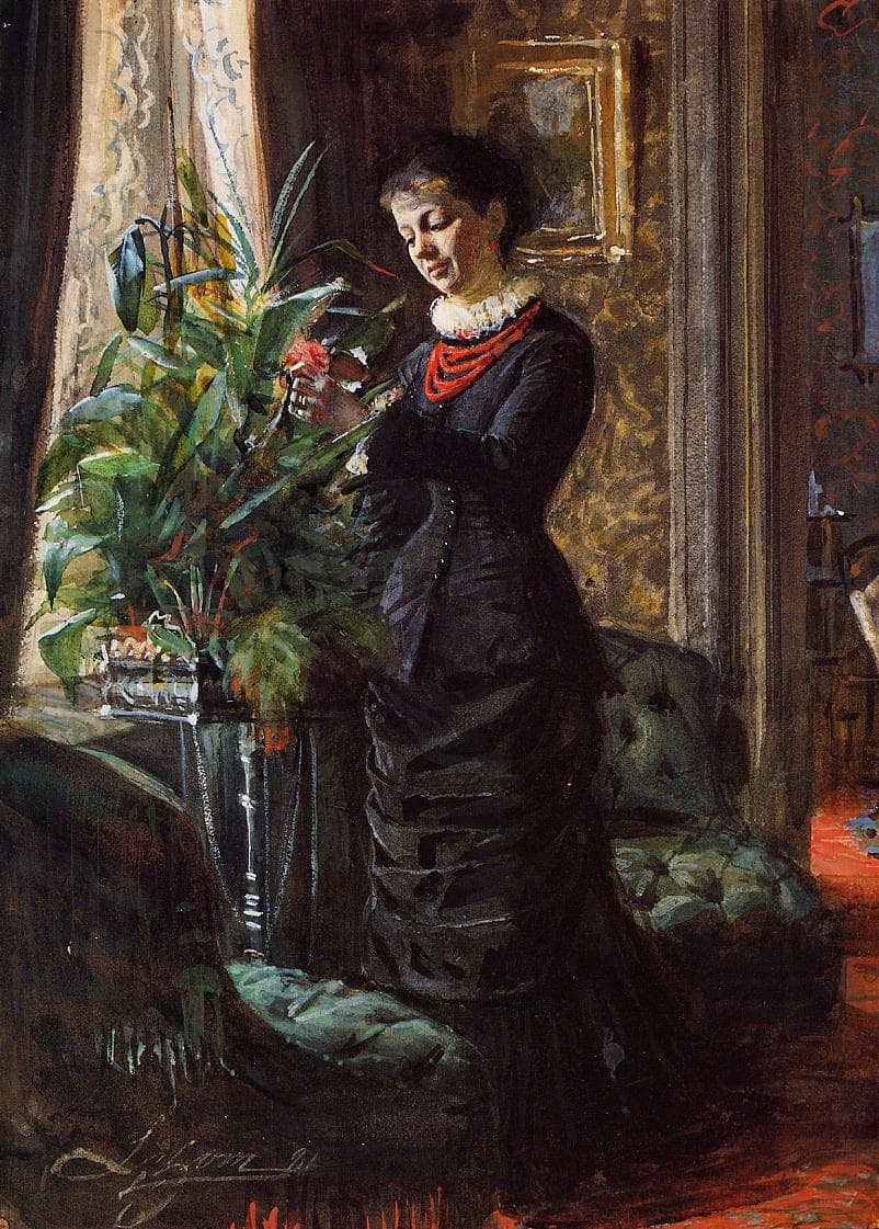 Portrait of Fru Lisen Samson, nee Hirsch, Arranging Flowers by Anders Zorn