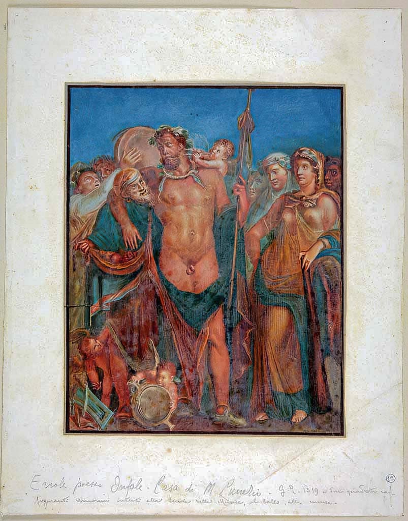House of Suonatrici (aka Marcus Lucretius) Pompeii IX 3.5 Room 14 (PiP floorplan), Painting attributed to Michele Mastracchio of Hercules and Omphale from the center panel of east wall of triclinium