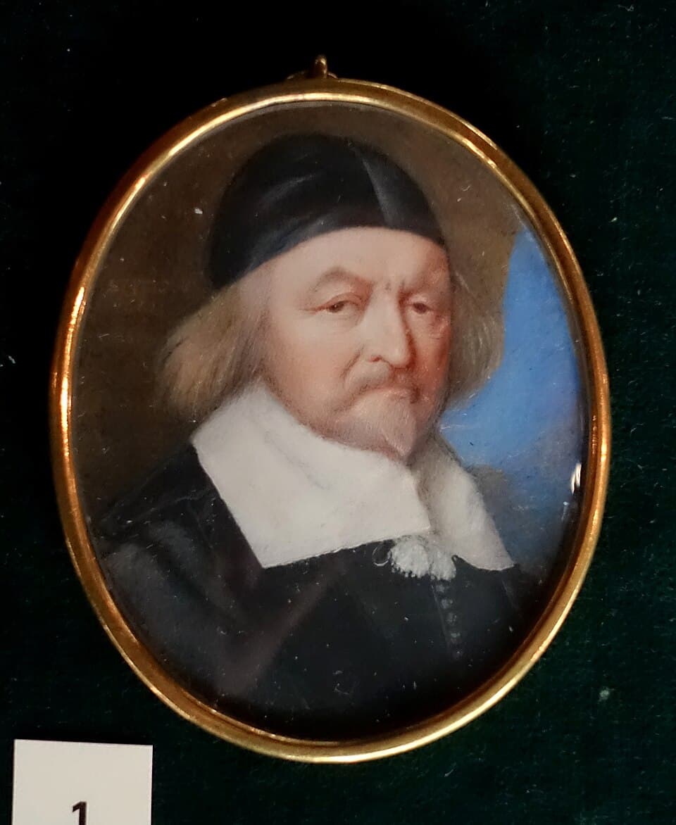 Thomas Hobbes by John Hoskins, portrait miniature, 1616 - Oak Room, Chatsworth House - Derbyshire, England - DSC03054