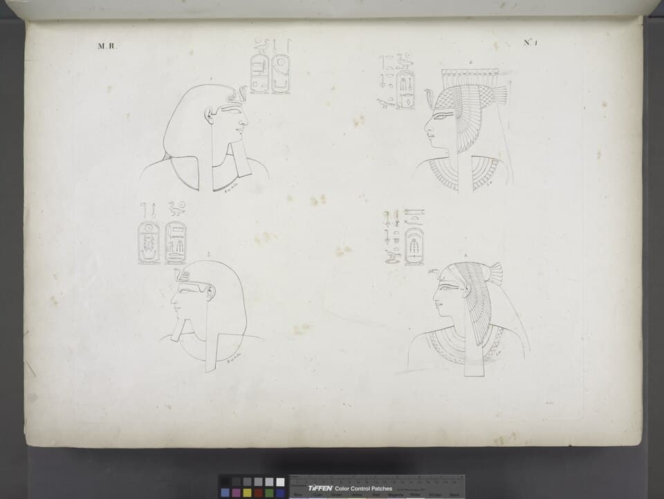 Ritratti e figure. Fig.1. Amenôf I (Amenhotep I). Fig.2. Nofre-Ari (Ahmose-Nofretari). Fig. 3. Thutmes I (Thutmose I). Fig. 4. Aahmes (Ahmosi-) (NYPL b14291206-425740)