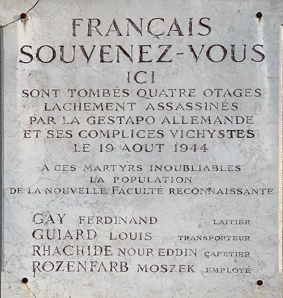 Plaque des quatre otages du 19-08-1944 au 43 Boulevard Ambroise Paré (Lyon)