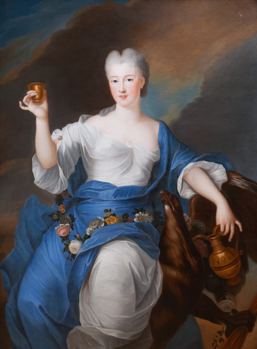 French: Portrait présumé d’Élisabeth Thérèse Alexandrine de Bourbon-Condé, Mademoiselle de Sens, représentée en déesse Hébé enlevée par Zeus, transformé en aigletitle QS:P1476,fr:"Portrait présumé d