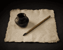 Calame et encre noire sur papier de lin