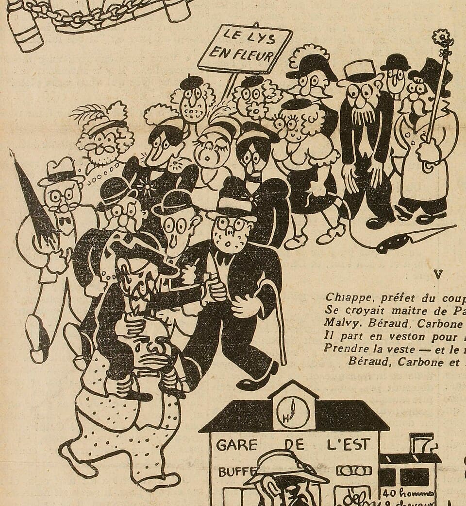 19360417 Caricature de Charles Maurras, Léon Daudet et des Camelots du Roi dans Vendredi