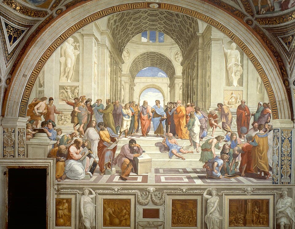 Italian: Scuola di Atene The School of Athenstitle QS:P1476,it:"Scuola di Atene "label QS:Lit,"Scuola di Atene "label QS:Les,"La escuela de Atenas"label QS:Lis,"Skólinn í Aþenu"label QS:Lms,"Sekolah