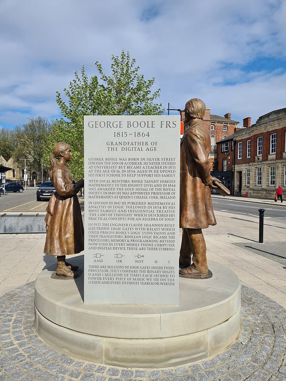 Memorial plaque at the statue of George Boole at Lincoln Central Train Station